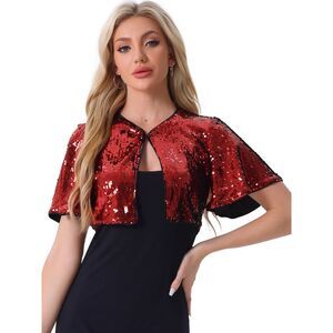 Sequin Jacket Flared Sleeve Sparkly Bolero Crop Glitter Shrug Red